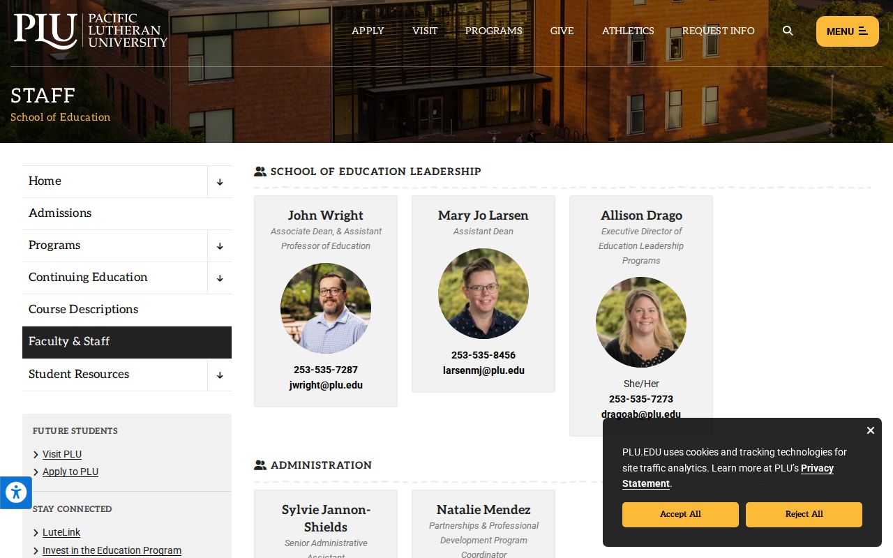 Parkland people directories showing PLU faculty and staff cards