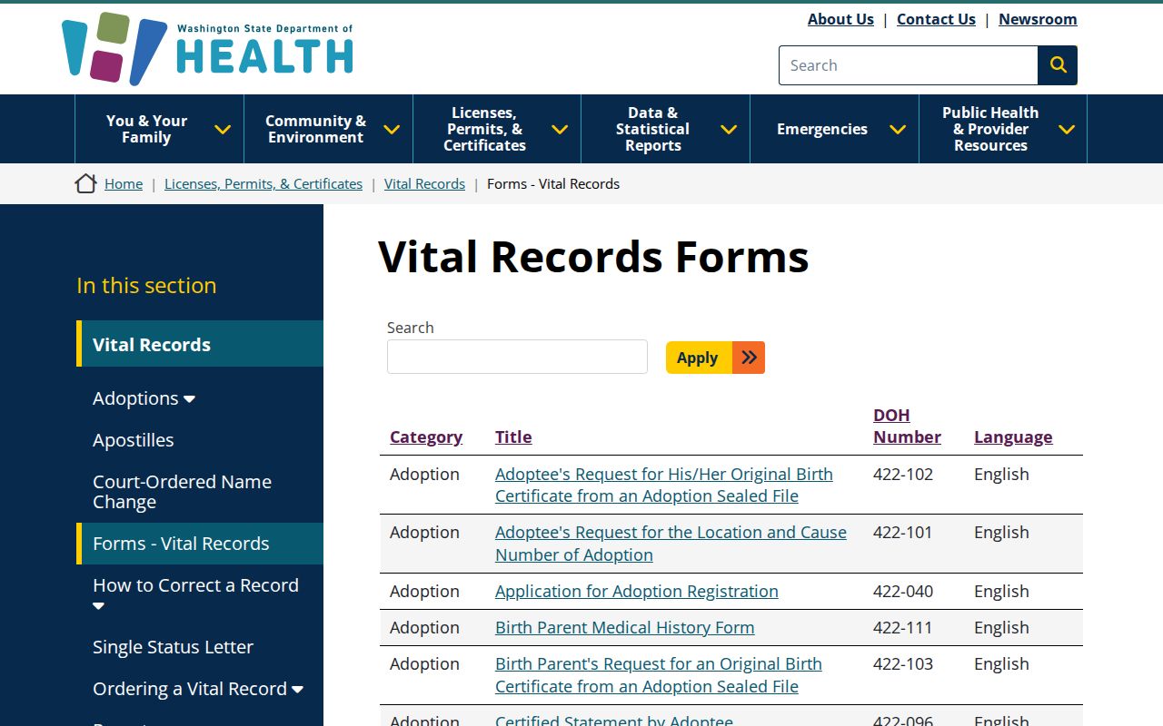 Parkland public records forms for Washington vital certificates